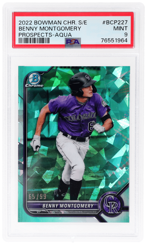 2022 Bowman Chrome Sapphire Prospect Aqua Benny Montgomery #BCP227 65/99 PSA 9