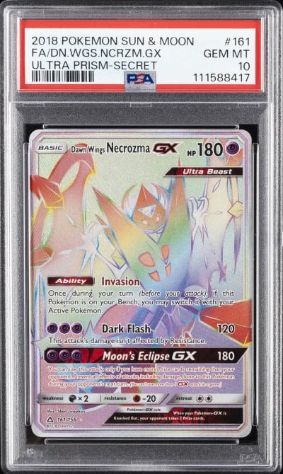 2018 POKEMON SUN & MOON ULTRA PRISM #161 FULL ART/DAWN WINGS NECROZMA GX PSA 10
