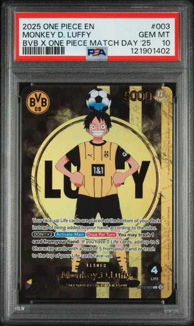 2025 ONE PIECE PROMOS BVB X ONE PIECE MATCH DAY 2025 #003 MONKEY D. LUFFY PSA 10