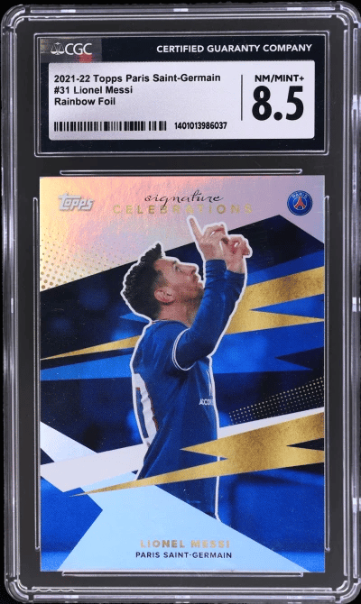 2021 Topps Paris Saint-Germain Signature Celebration Rainbow Foil Lionel Messi #31 56/250 CGC 8.5