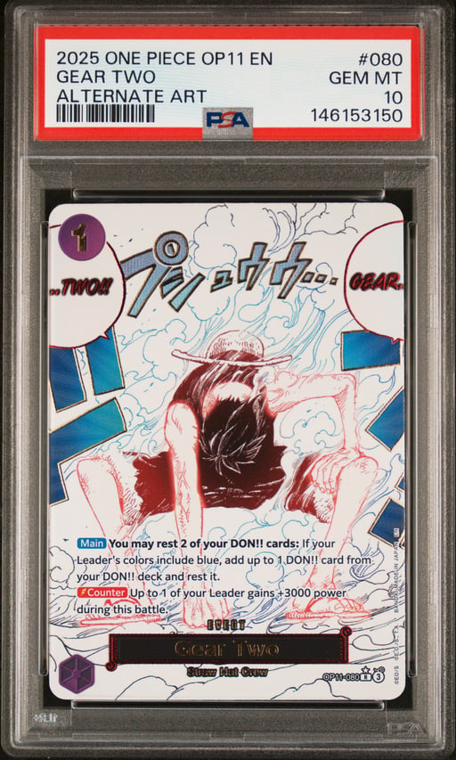 2025 ONE PIECE OP11-A FIST OF DIVINE SPEED 080 GEAR TWO ALTERNATE ART PSA 10