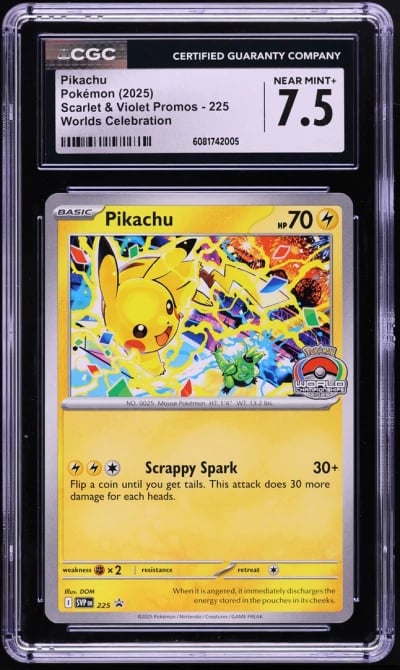 2025 Pokemon SV Promo Worlds Celebration Pikachu #225 CGC 7.5 NRMT+