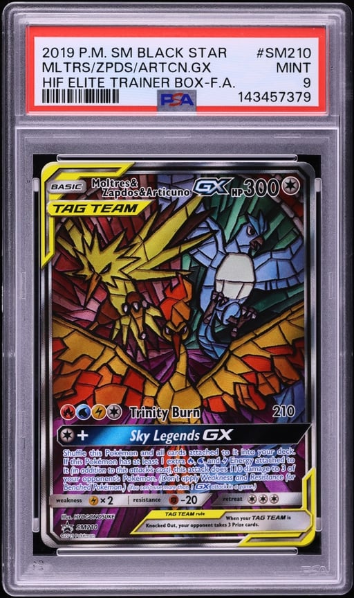 2019 Pokemon SM Promo Hidden Fates ETB Full Art Moltres & Zapdos & Articuno GX #SM210 PSA 9