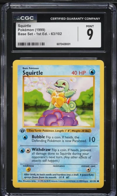 1999 Pokemon Base Set Shadowless 1st Edition Squirtle #63 CGC 9 MINT