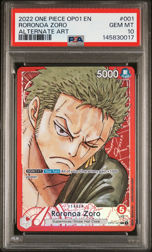 2022 ONE PIECE OP01-ROMANCE DAWN 001 RORONOA ZORO ALTERNATE ART PSA 10