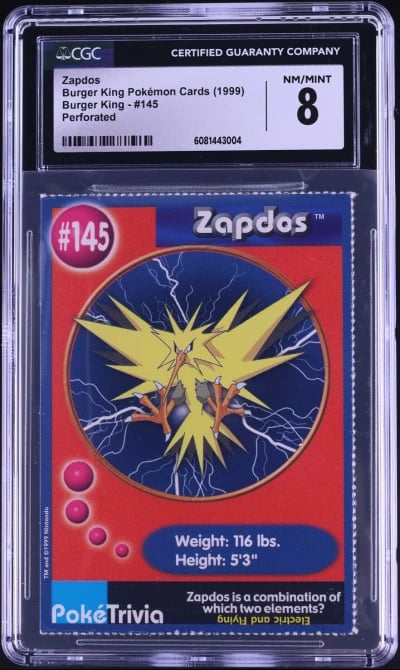 1999 Pokemon Nintendo Burger King Cards Perforated Zapdos #145 CGC 8 NM-MT