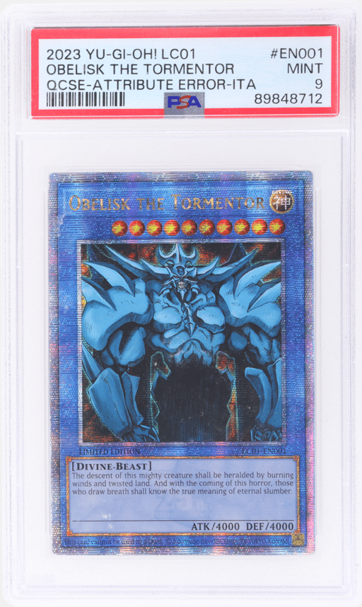 2023 Yu-Gi-Oh! Legendary Collection 25th Anniversary Quarter Century Secret Rare Attribute Error Italian Obelisk the Tormentor #LC01-EN001 PSA 9