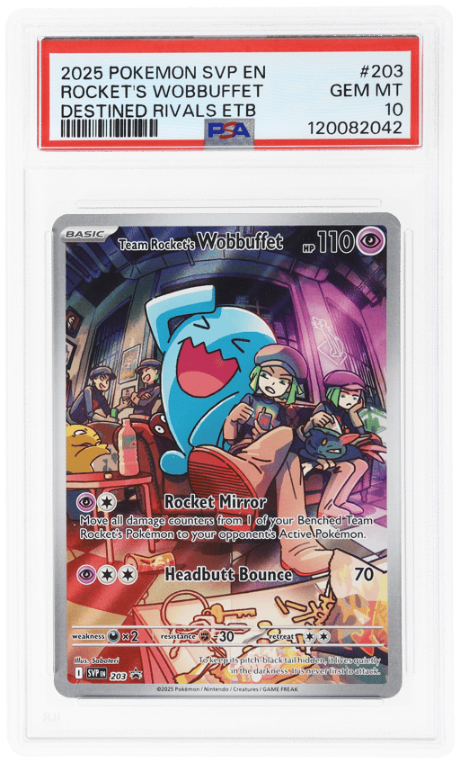 2025 Pokemon Scarlet and Violet Black Star Promo Destined Rivals Elite Trainer Box Team Rocket's Wobbuffet #203 PSA 10