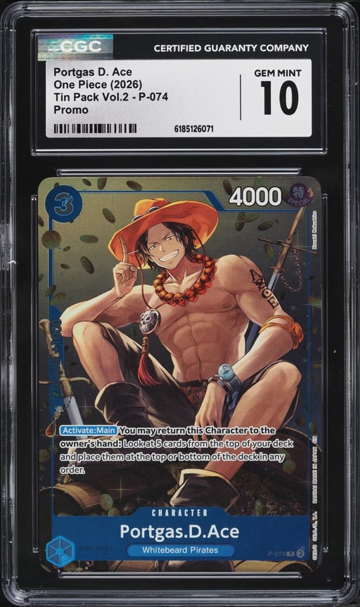 2026 One Piece Promo Tin Pack Vol.2 Portgas D. Ace #P-074 CGC 10 GEM MINT