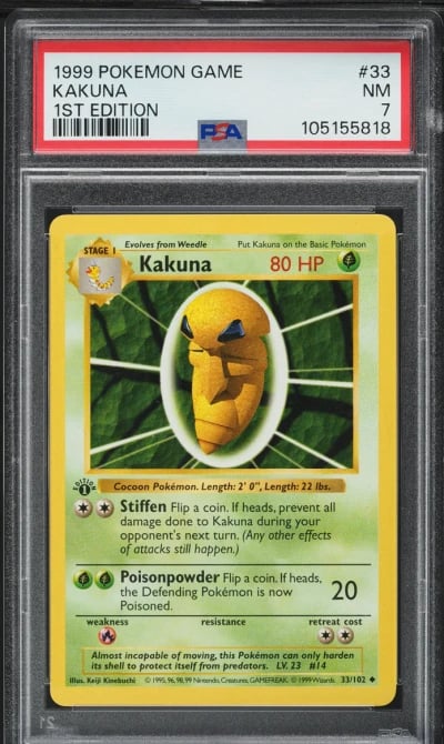 1999 Pokemon Base Set Shadowless 1st Edition Kakuna #33 PSA 7 NRMT