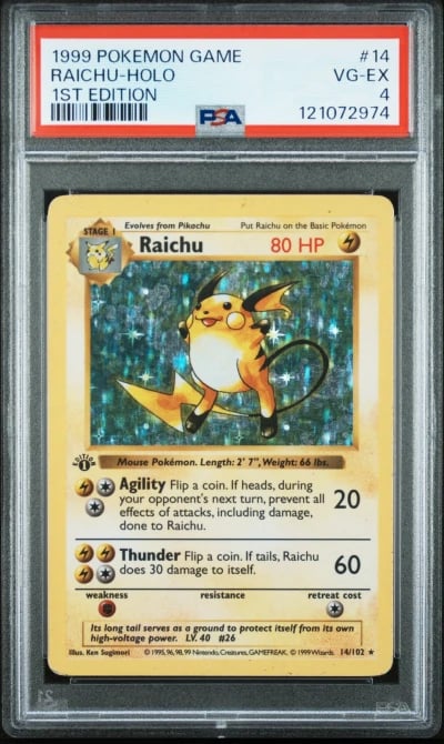1999 POKEMON BASE SET 1ST EDITION #14 RAICHU-HOLO PSA 4