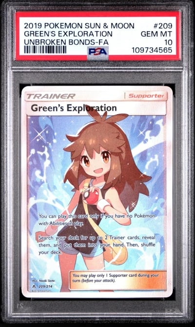2019 POKEMON SUN & MOON UNBROKEN BONDS #209 FULL ART/GREEN'S EXPLORATION PSA 10