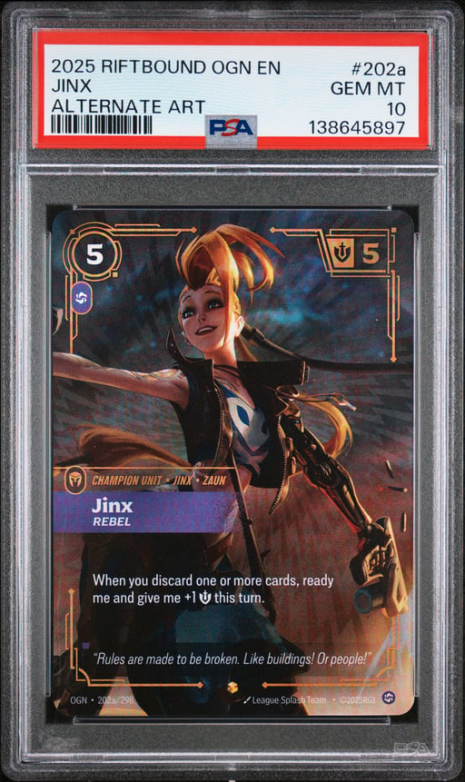 2025 RIFTBOUND: LEAGUE OF LEGENDS OGN-ORIGINS 202a JINX - REBEL ALTERNATE ART PSA 10