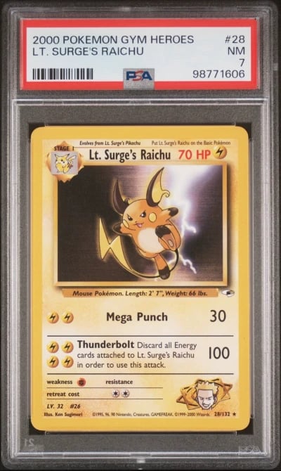 2000 POKEMON GYM HEROES #28 LT. SURGE'S RAICHU PSA 7