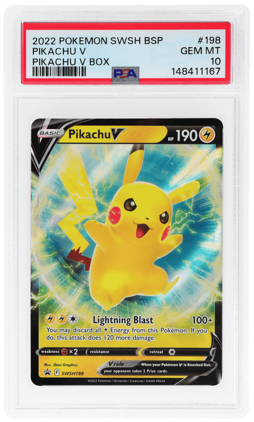 2022 Pokemon Sword and Shield Black Star Promo Pikachu V Box Pikachu V #198 PSA 10