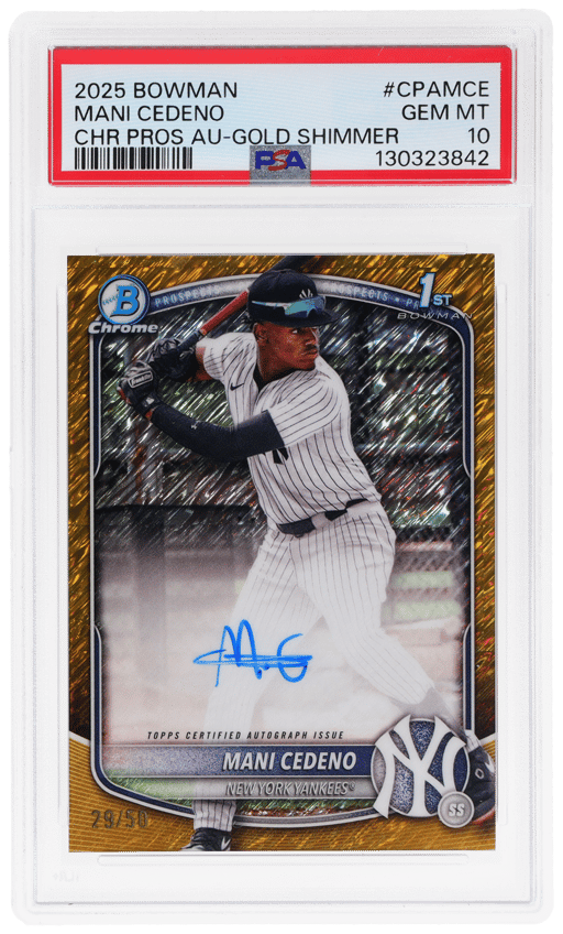 2025 Bowman Chrome Prospect Autograph Gold Shimmer Refractor Mani Cedeno #CPA-MCE 29/50 PSA 10