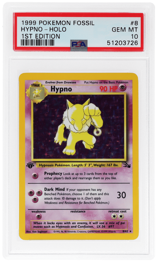 1999 Pokemon Fossil 1st Edition Holo Hypno #8 PSA 10