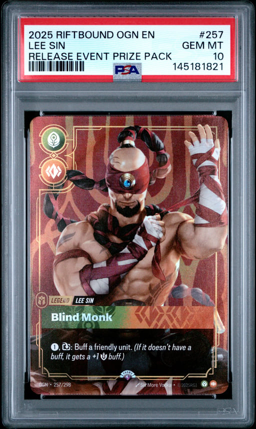 2025 RIFTBOUND: LEAGUE OF LEGENDS OGN-ORIGINS 257 LEE SIN - BLIND MONK RELEASE EVENT PRIZE PACK PSA 10