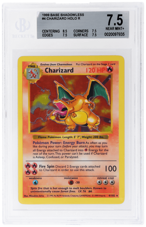 1999 Pokemon Base Set Shadowless Holo Charizard #4 BGS 7.5