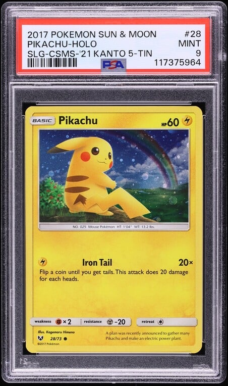 2017 Pokemon SM Shining Legends '21 Kanto 5 Tin Holo Pikachu #28 PSA 9 MINT
