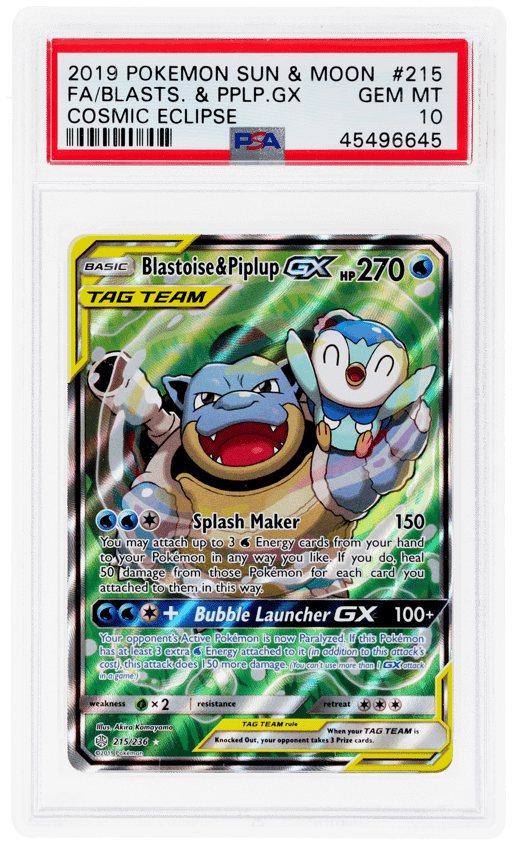 2019 Pokemon Sun and Moon Cosmic Eclipse Blastoise/Piplup Gx #215 PSA 10