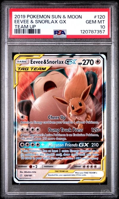 2019 POKEMON SUN & MOON TEAM UP #120 EEVEE & SNORLAX GX PSA 10