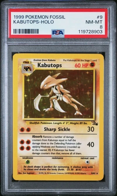 1999 POKEMON FOSSIL #9 KABUTOPS-HOLO PSA 8