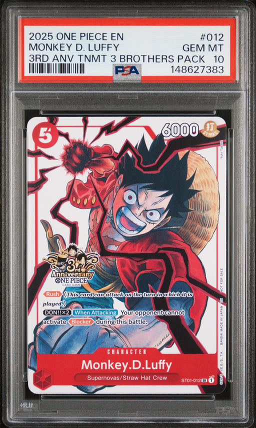 2025 ONE PIECE 3RD ANNIVERSARY TOURNAMENT 3 BROTHERS PACK 012 MONKEY D. LUFFY PSA 10