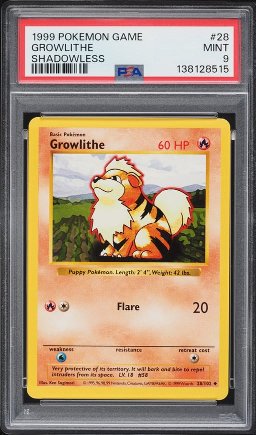 1999 Pokemon Base Set Shadowless Growlithe #28 PSA 9 MINT
