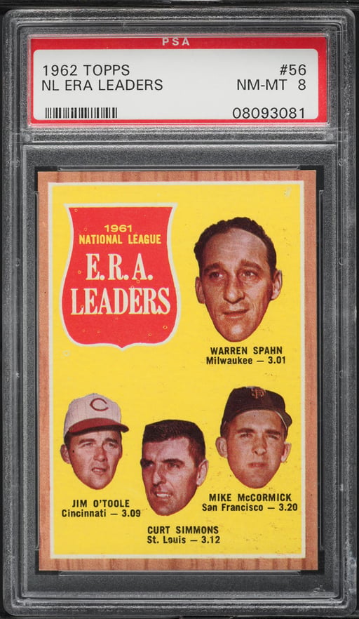 1962 Topps Warren Spahn Jim O'Toole McCormock NL ERA LDRS #56 PSA 8 NM-MT