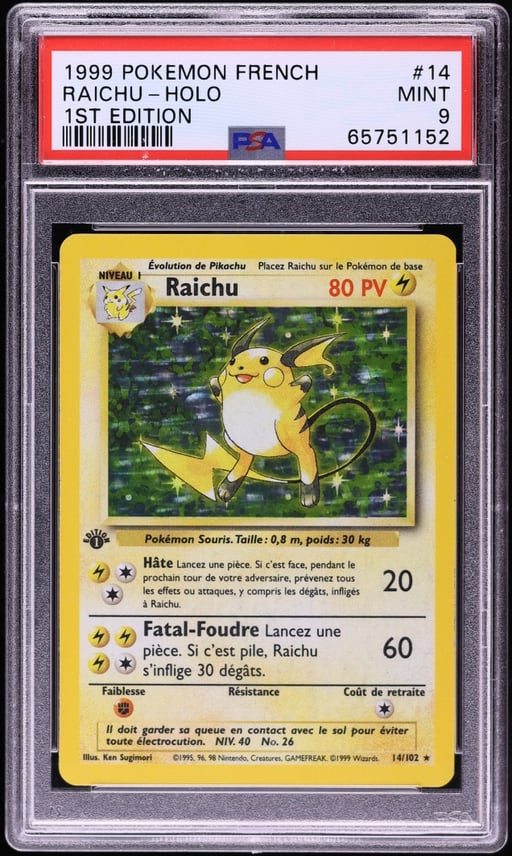 1999 Pokemon French Base Set 1st Edition Holo Raichu #14 PSA 9 MINT