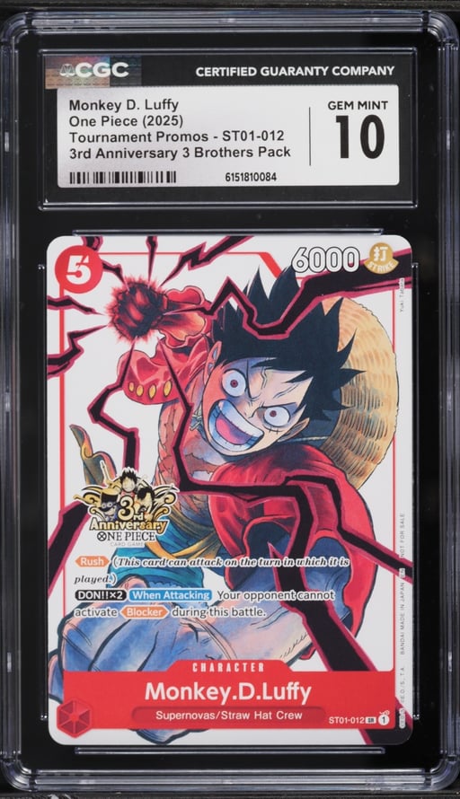 2025 One Piece Promo 3rd Anniversary 3 Brothers Monkey D. Luffy #ST01-012 CGC 10 GEM MINT