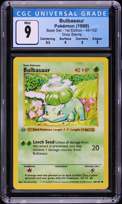 1999 Pokemon Base Set Shadowless 1st Edition Gray Stamp Bulbasaur #44 CGC 9 MINT