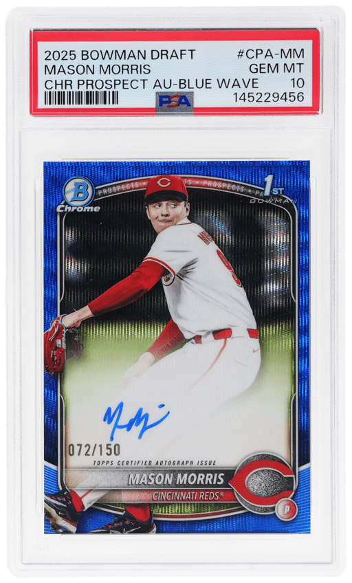 2025 Bowman Draft Chrome Prospect Autograph Blue Wave Mason Morris #CPA-MM 72/150 PSA 10