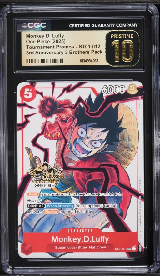 2025 One Piece Promo 3rd Anniversary 3 Brothers Pack Alt Art Monkey D. Luffy #ST01-012 CGC 10 PRISTINE