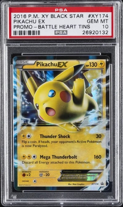 2016 POKEMON XY BLACK STAR PROMO BATTLE HEART TINS #XY174 PIKACHU EX PSA 10