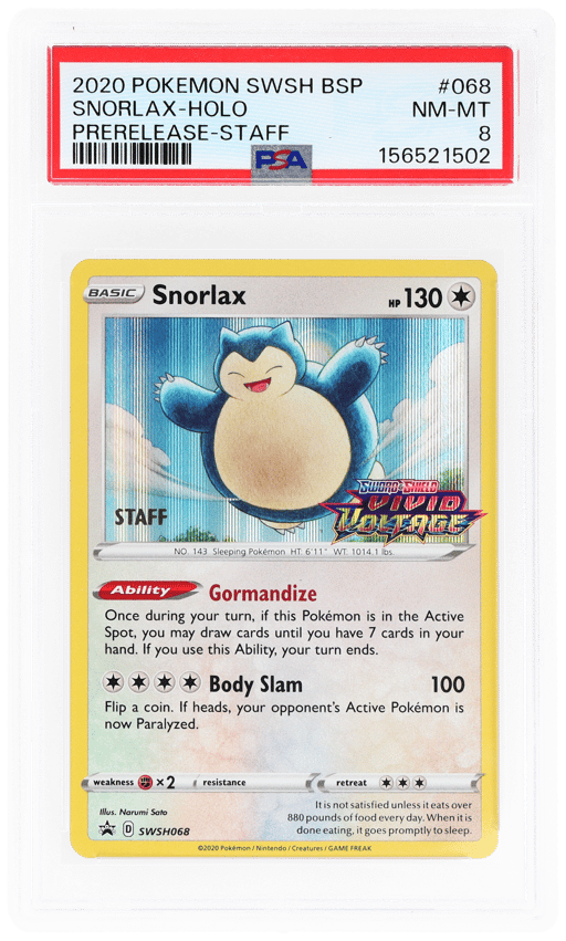 2020 Pokemon Sword and Shield Black Star Promo Prerelease Staff Snorlax #068 PSA 8