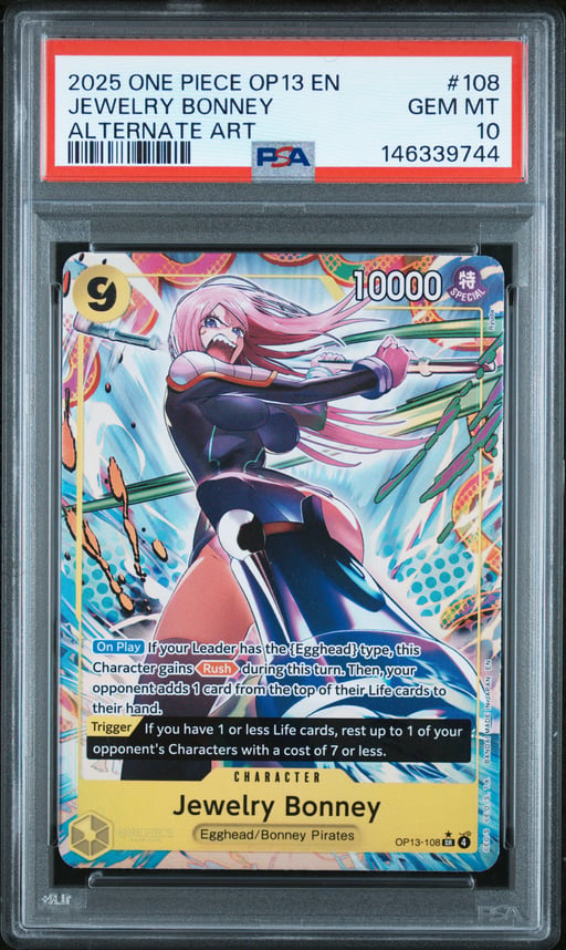 2025 ONE PIECE OP13-CARRYING ON HIS WILL 108 JEWELRY BONNEY ALTERNATE ART PSA 10