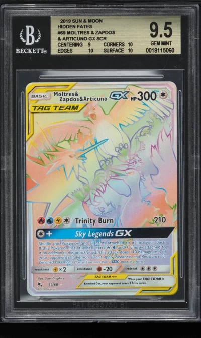 2019 Pokemon SM Hidden Fates Rainbow Rare Moltres & Zapdos & Articuno GX BGS 9.5