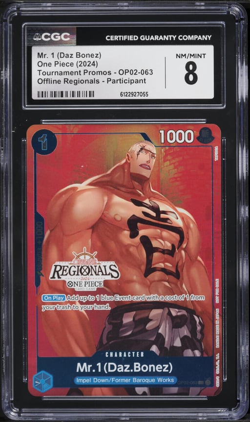 2024 One Piece Promo Offline Regionals Participant Mr. 1 Daz Bonez #OP02-063 CGC 8 NM-MT
