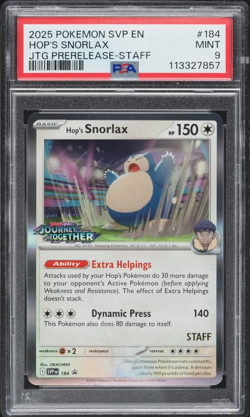 2025 Pokemon SV Promo Journey Together Prerelease Staff Hop's Snorlax #184 PSA 9 MINT