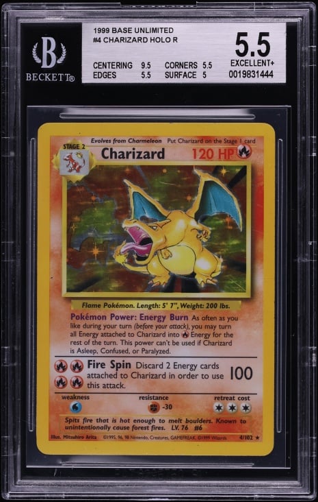 1999 Pokemon Base Set Unlimited Holo Charizard #4 BGS 5.5 EX+