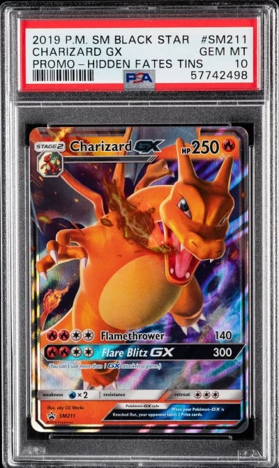2019 POKEMON SM BLACK STAR PROMO HIDDEN FATES TINS #SM211 CHARIZARD GX PSA 10