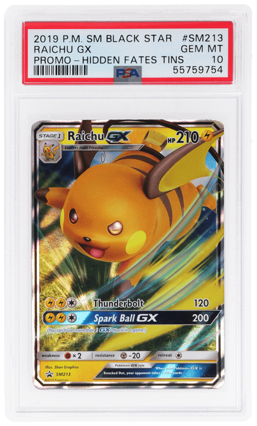 2019 Pokemon Sun and Moon Black Star Promos Hidden Fates Tins Raichu Gx #SM213 PSA 10