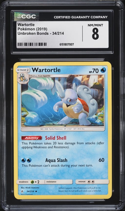2019 Pokemon Sun & Moon Unbroken Bonds Wartortle #34 CGC 8 NM-MT