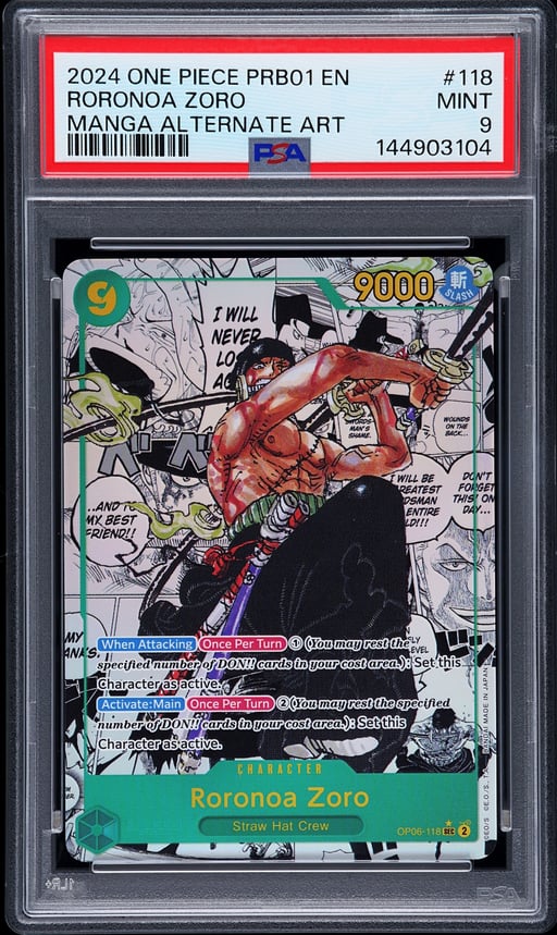 2024 ONE PIECE PRB01-PREMIUM BOOSTER -ONE PIECE CARD THE BEST- 118 RORONOA ZORO MANGA ALTERNATE ART PSA 9