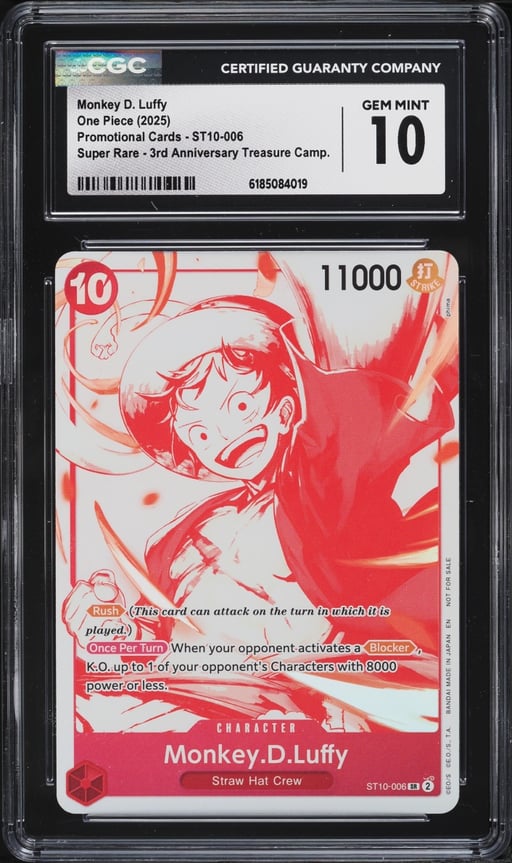 2025 One Piece Promo 3rd Anniversary Treasure Campaign SR Monkey D. Luffy #ST10-006 CGC 10 GEM