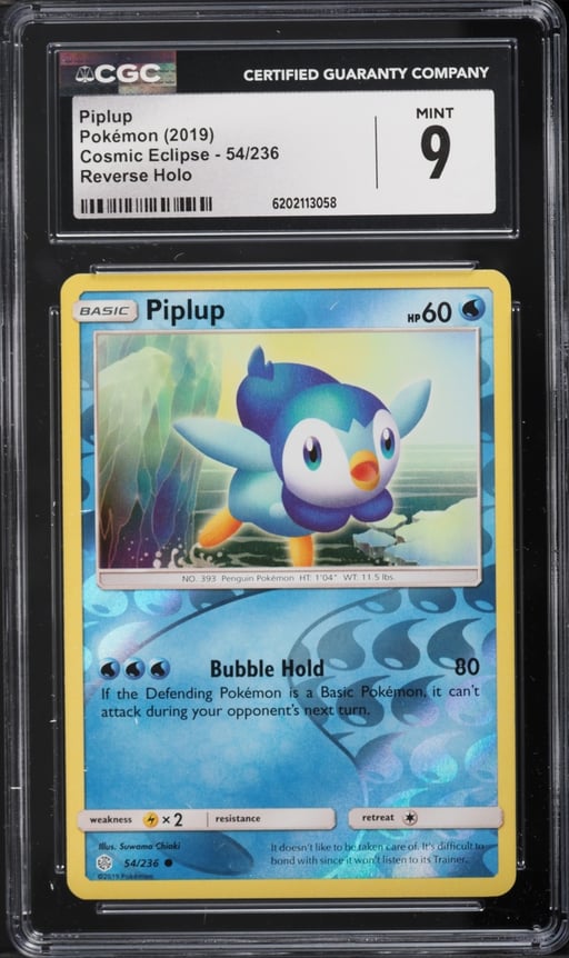 2019 Pokemon Cosmic Eclipse Reverse Holo Piplup #54 CGC 9 MINT