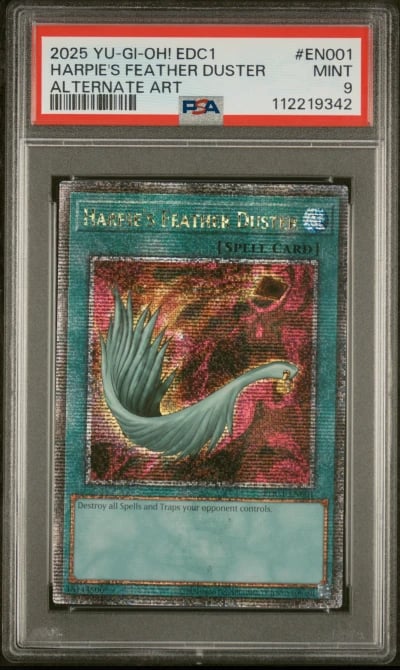 2025 YU-GI-OH! EDC1-EARLY DAYS COLLECTION PROMOTIONAL CARDS EN001 HARPIE'S FEATHER DUSTER ALTERNATE ART PSA 9