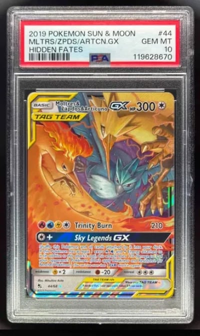 2019 Pokemon SM Hidden Fates #44 Moltres & Zapdos & Articuno Tag Team GX PSA 10